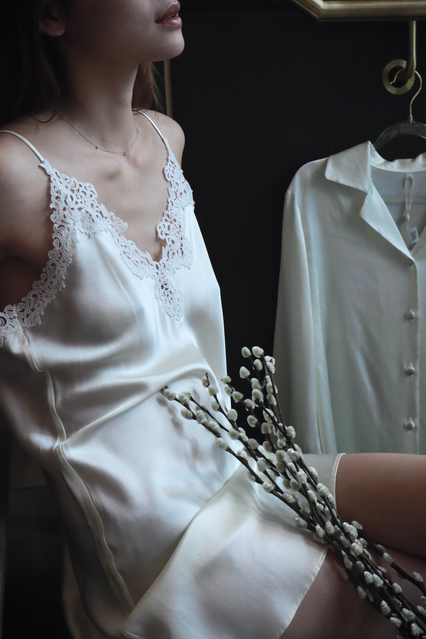 White Silk Slip with traditional clipping lace