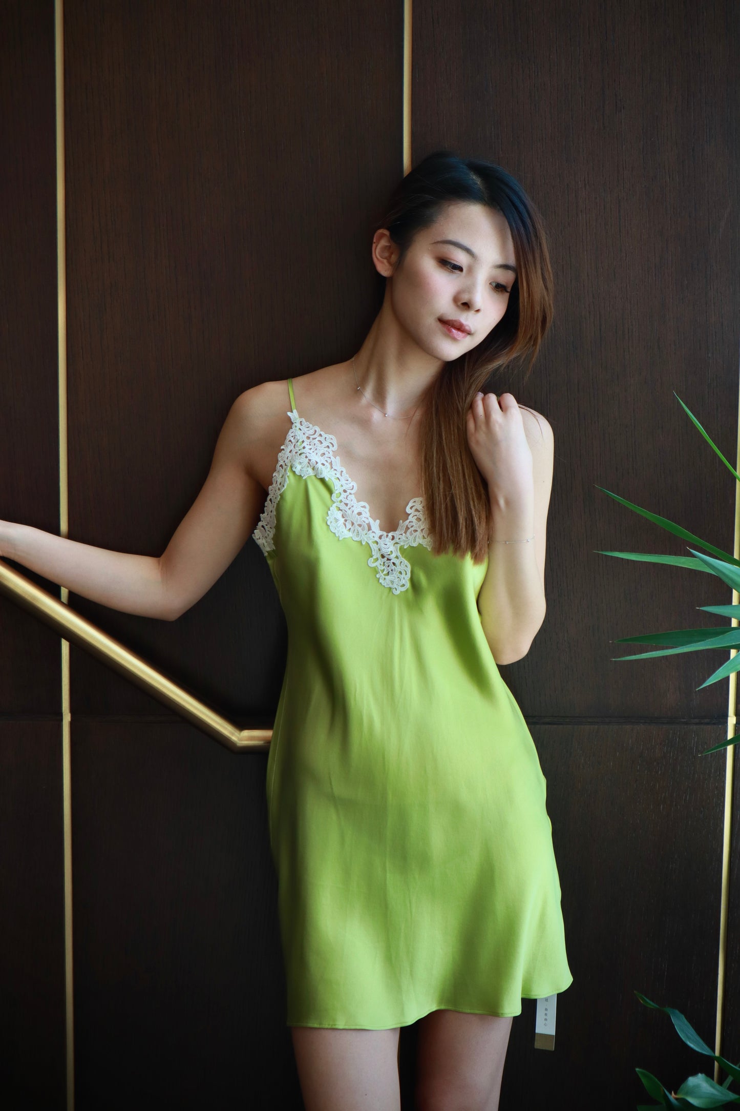 Evergreen Silk Slip with traditional clipping lace