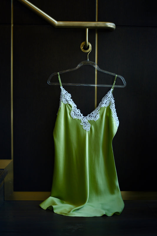 Evergreen Silk Slip with traditional clipping lace