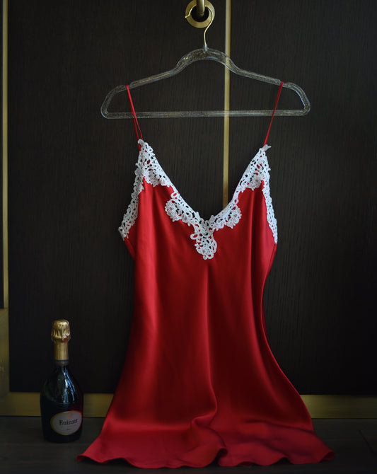 Red Silk Slip with traditional clipping lace