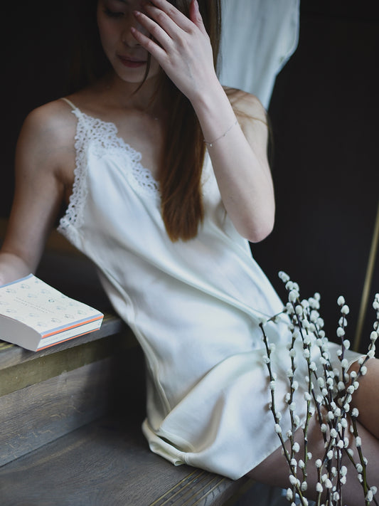 White Silk Slip with traditional clipping lace