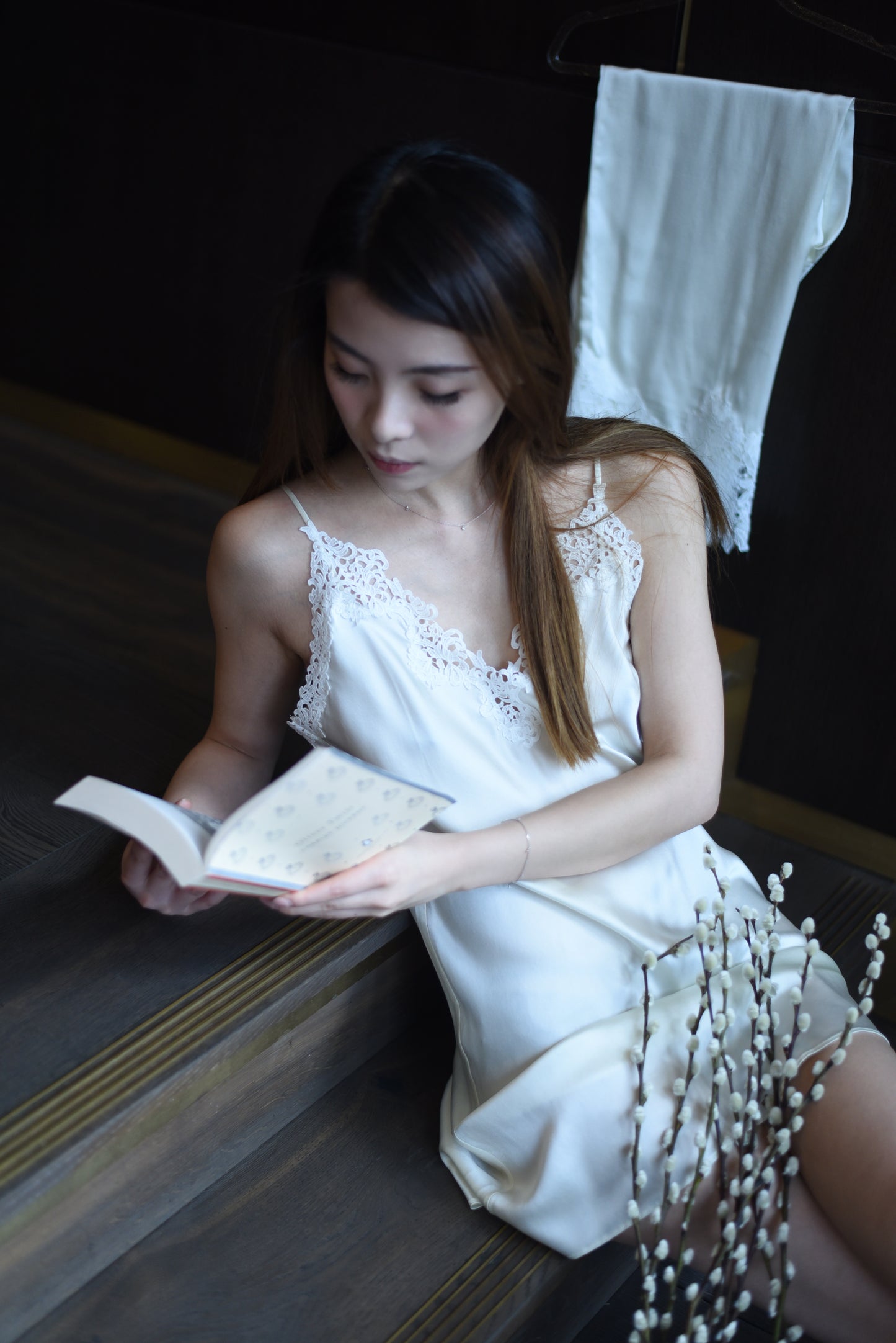 White Silk Slip with traditional clipping lace