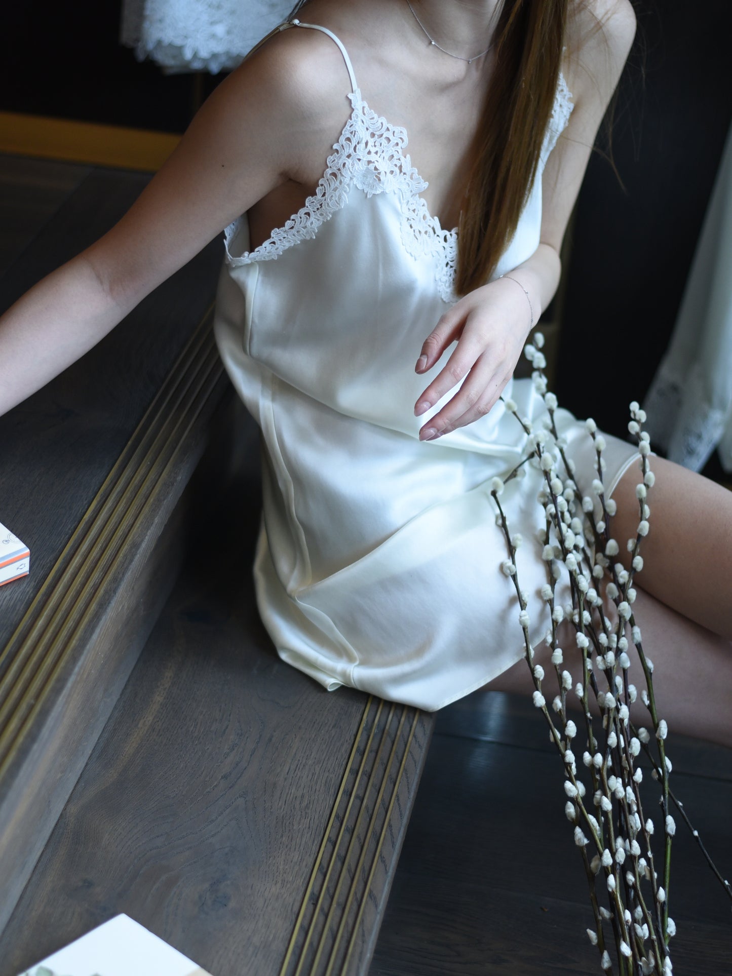 White Silk Slip with traditional clipping lace