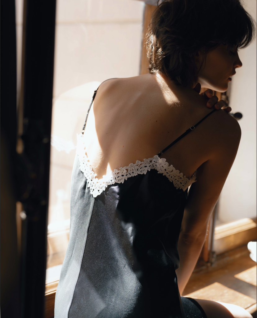 Black Silk Slip with traditional clipping lace